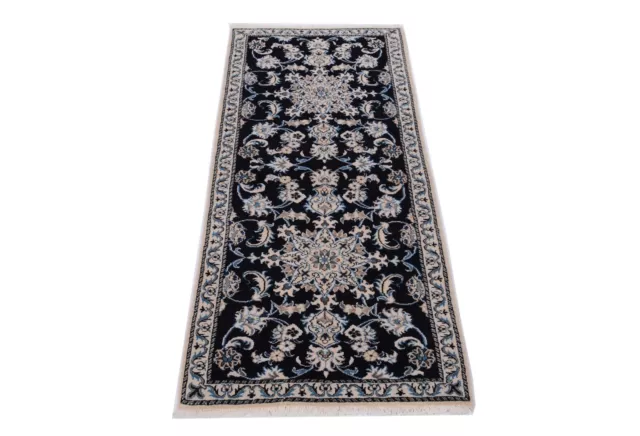 Nain Alfombra 203 X 78CM Anudada a Mano Oriental Persa Floral Azul Nuevo