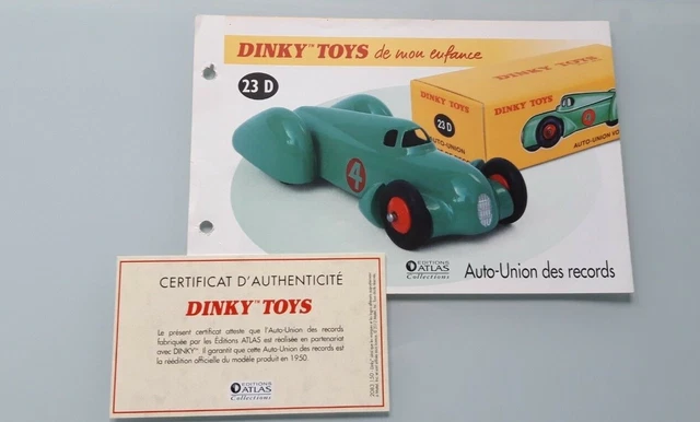 1 fiche + certif. DINKY TOYS ATLAS repro ref 23 A, auto de course orange vert