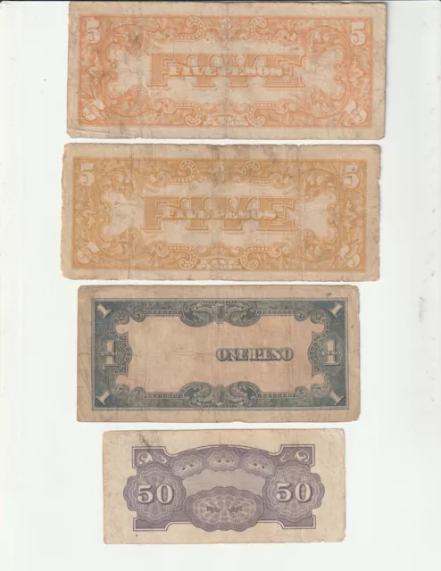 Japanese Government 1 5 Five Pesos  WWII Era Phillipines 50 Centavos Bank Notes 2