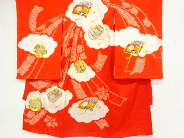 39009# Japanese Kimono / Antique Kimono For Girls / Shibori / Embroidery / Cloud
