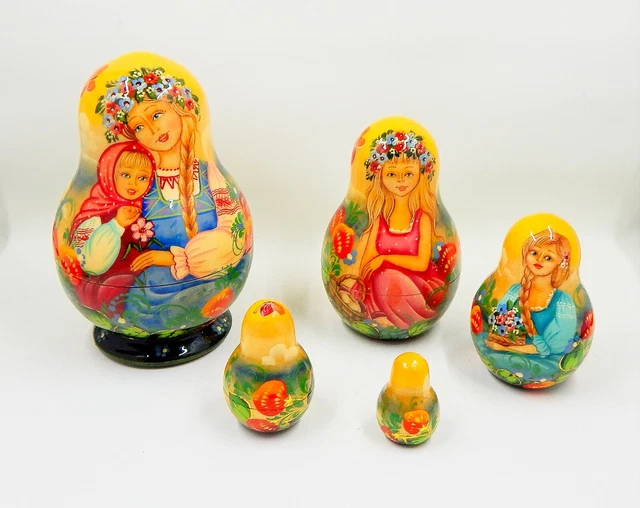 HAND PAINTED WOOD Signed Babushka Matryoshka Russian Nesting Stacking