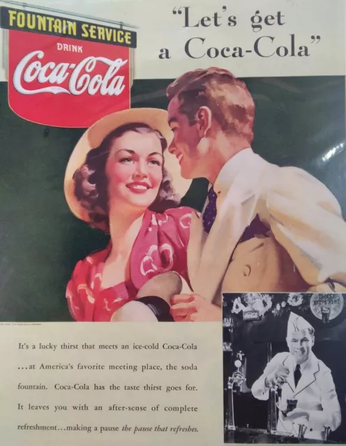 Coca Cola Print Ad Original Vintage 1930s Large Cute Couple Fountain Jerk