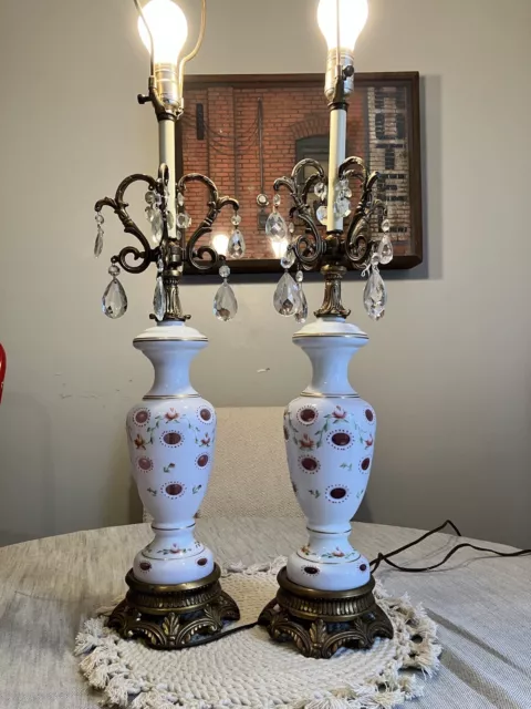 Pair of Vintage Bohemian Czech White Cut to Cranberry Glass Table Lamp 28"tall.