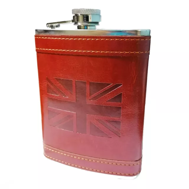 Hip Flask 8oz Union Jack Flasks Stainless Steel Brown Leather