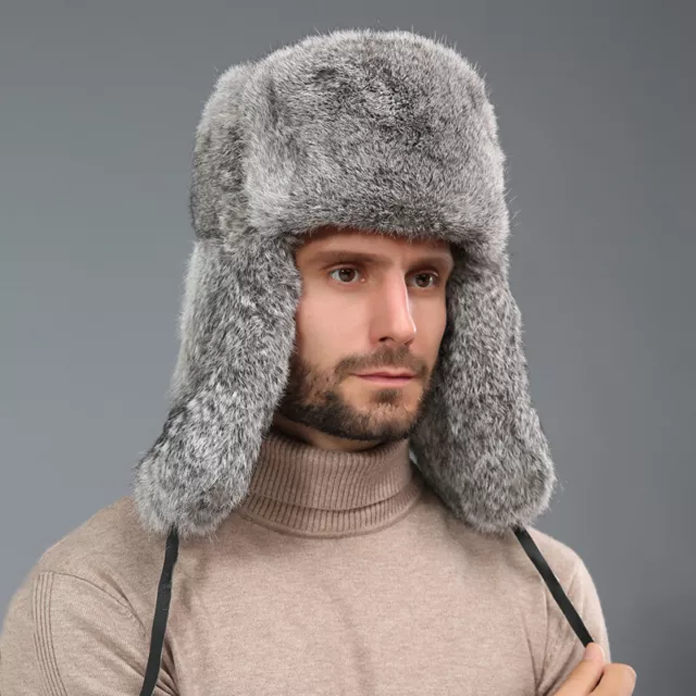 Men Winter Real Genuine Rabbit Fur Hat Russia Trapper Earflap Ski Cap Windproof