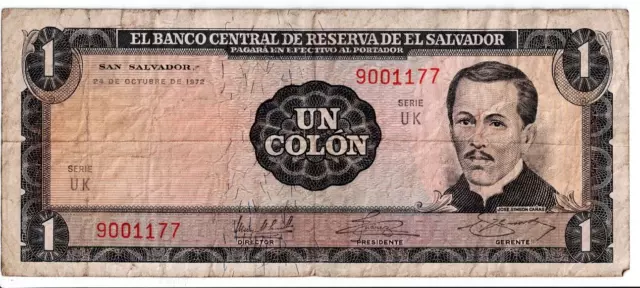 1972 (1976) EL SALVADOR 1 COLON SIMEON CANAS Bank Note