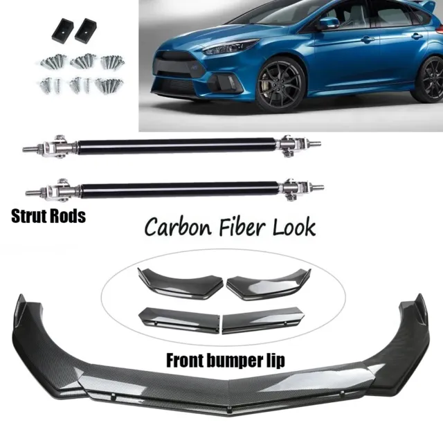 Front Bumper Lip Splitter Spoiler Carbon Fiber+Strut Rod For Ford Focus ST SE RS