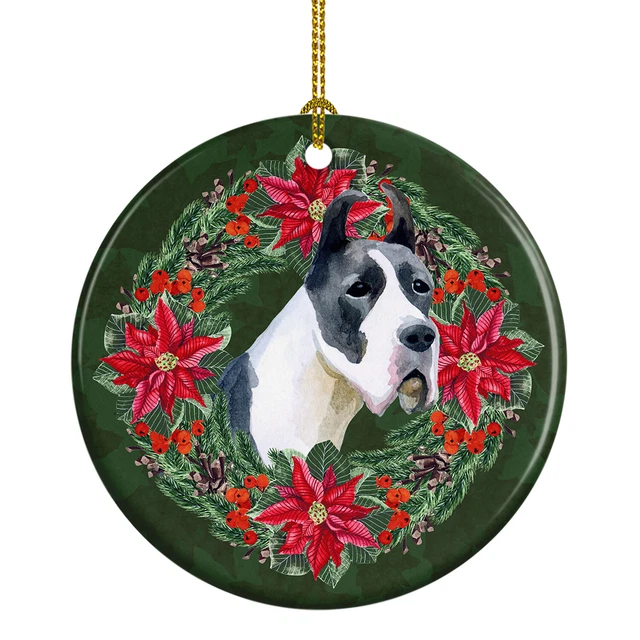 Harlequin Great Dane Poinsetta Wreath Ceramic Ornament CK1509CO1