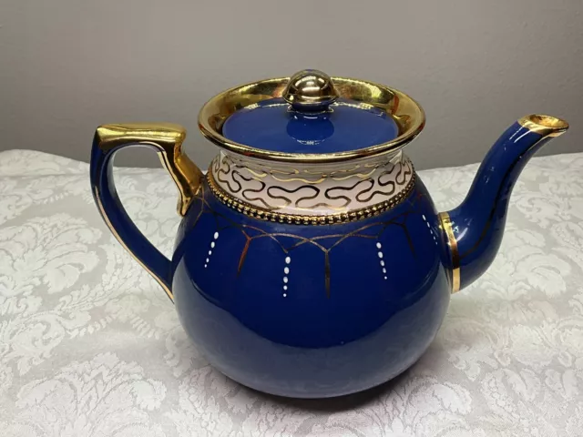 Vintage R. Sudlow & Sons (Burslem) Cobalt Blue, White & Gold Squiggles Teapot