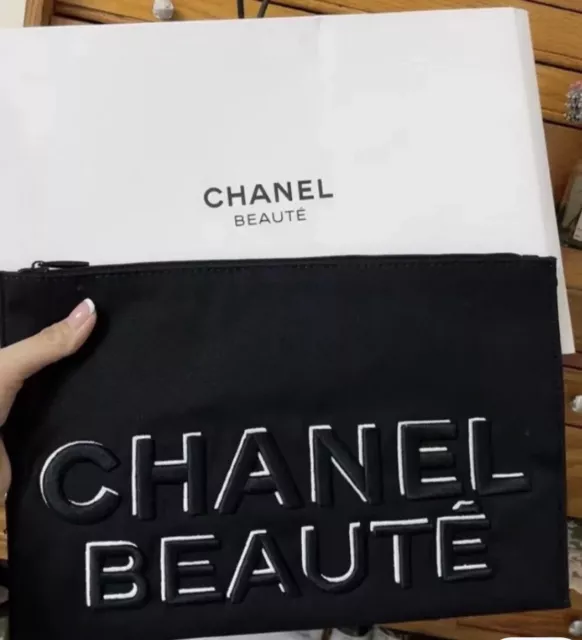 CHANEL BEAUT XL Size Black Pouch Makeup Bag Beauty Bag with Box