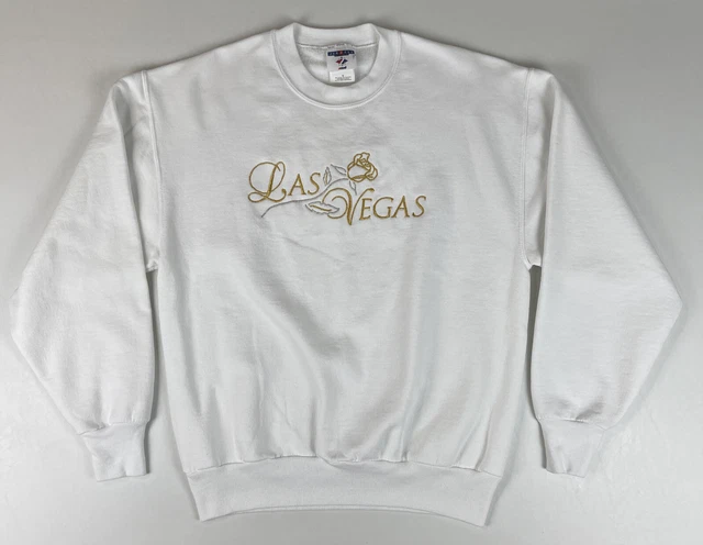 Vtg 90's Jerzees Las Vegas Sweatshirt Embroidered Pullover Crew Neck White Sz M