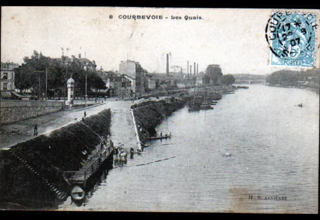 COURBEVOIE (92) LAVANDIERES sur QUAIS , USINES & VILLAS en 1907