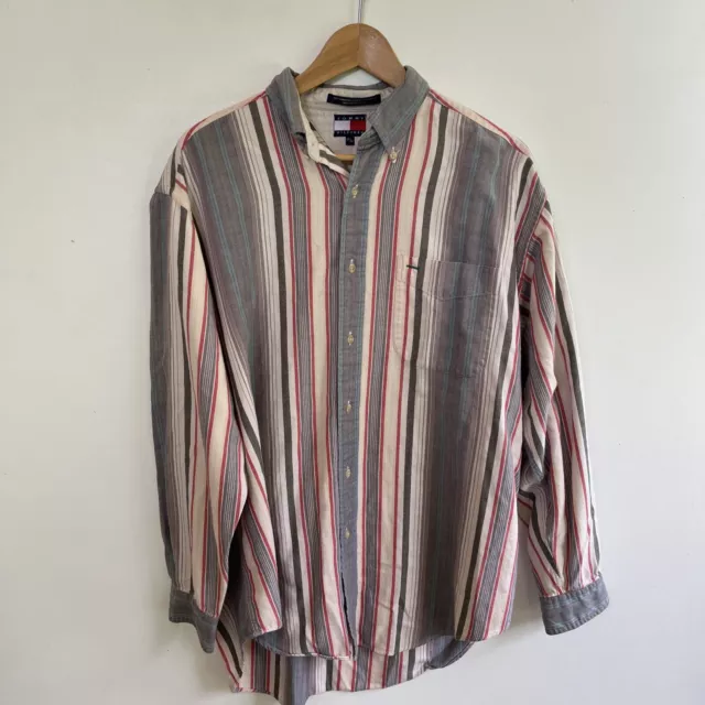 Vintage 90s Tommy Hilfiger Striped Button Down Shirt Men’s Medium  Cream EUC