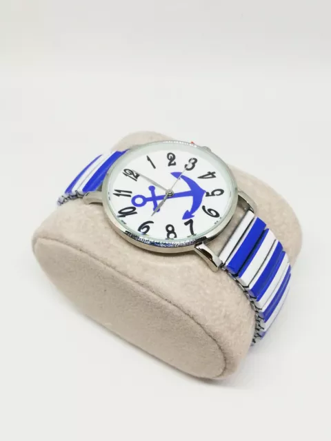 Montre femme tendance motif ancre marine bleu blanc - Quartz - V3