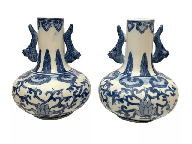 BEAUTIFUL PAIR CHINOISERIE BLUE WHITE PORCELAIN VASE JAR  FOO DOGS. Set Of 2