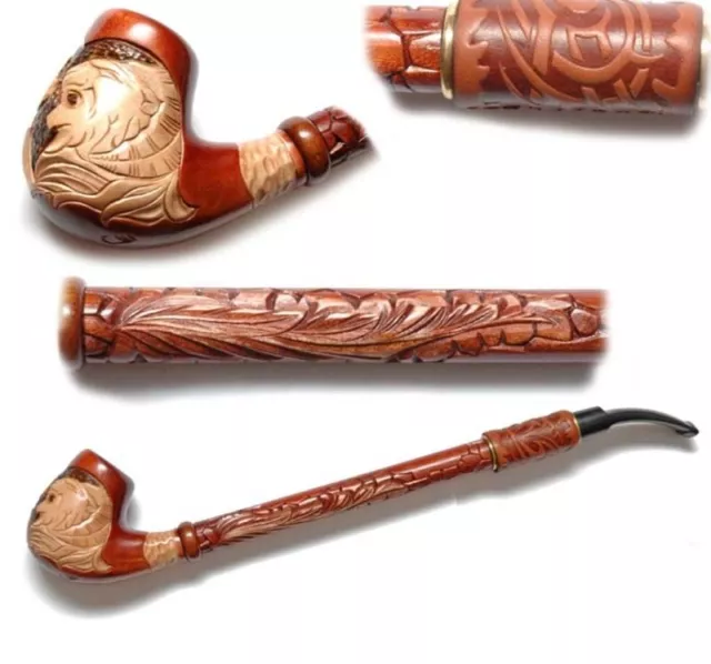 * Lion Head  * CHURCHWARDEN Extra Long Steam Hand Carved Wooden Smoking Pipe