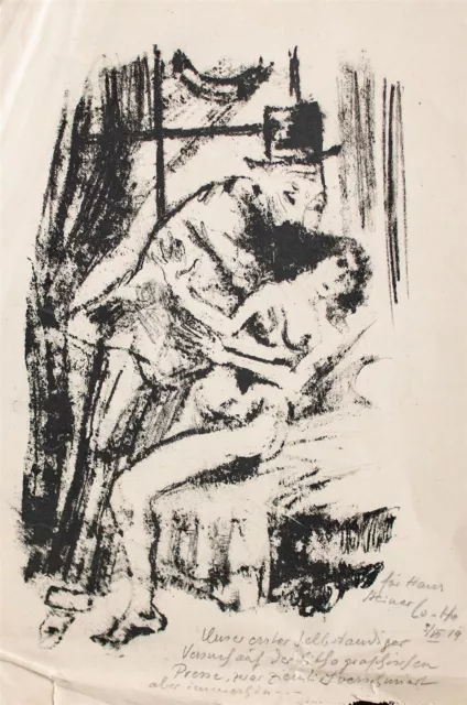 Liebespaar Frauenakt unbekannt Monogramm Expressionismus Lithographie 1919