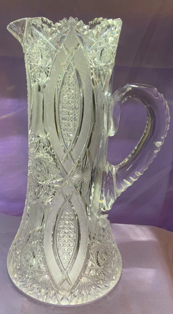 ANTIQUE AMERICAN BRILLIANT ABP HEAVY CUT CRYSTAL GLASS PITCHER 14.25”Tall…