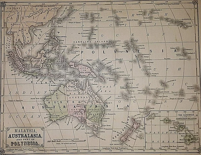Old Antique 1860 H. COWPERTHWAIT Map MALAYASIA - AUSTRALASIA - POLYNESIA - ANAM