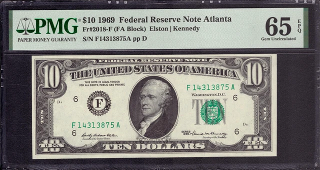 1969 $10 Federal Reserve Note Atlanta Fr.2018-F Fa Block Pmg Gem Unc 65 Epq
