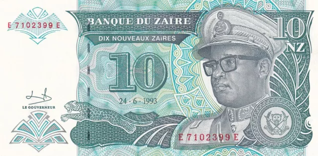 10 Nouveaux Zaires 1993 Zaire Banknote AUNC aus Bündel P-54