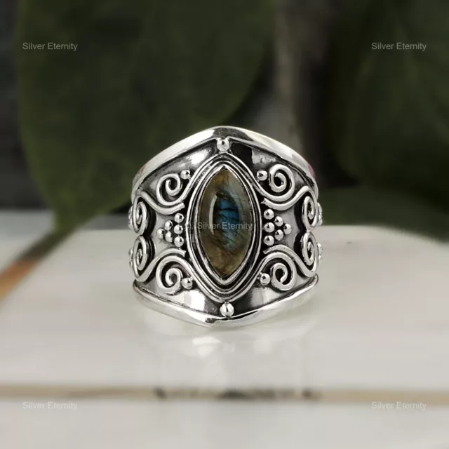 Natural Labradorite Gemstone Band Ring 925 Sterling Silver Indian Jewelry