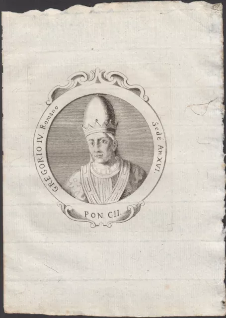 Stampa incisione Papa Gregorio IV Romano Pont. CII 1775 inc. G. B. Cavalieri