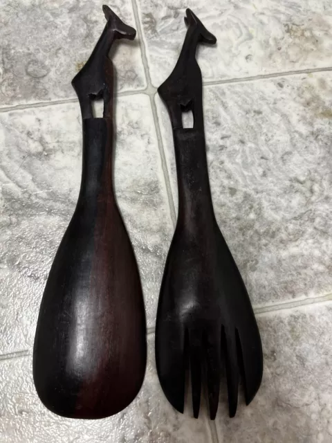 Juego de ensaladas de madera oscura para jirafas safari tenedor y cuchara hechas a mano talladas a mano 3