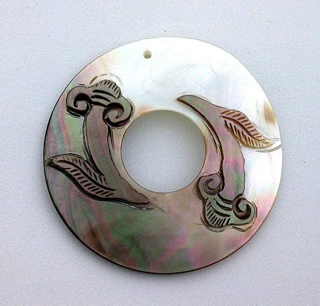 ONE Two Inch Round Natural Carved Abalone Shell Floral Carving Focal Bead ES7850