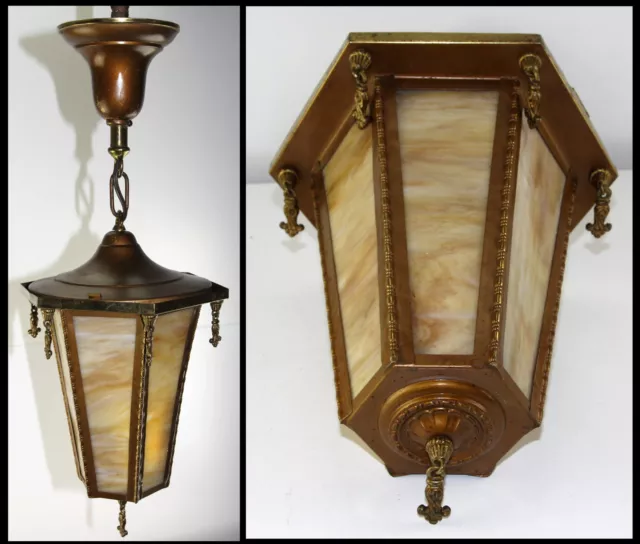 Antique Victorian Slag Glass Pendant Ceiling Light Fixture Beaded Ridges Finials