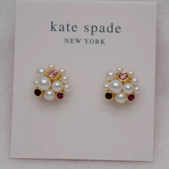 Kate spade jewelry cut crystal CZ gold tone stud earings faux pearl cluster NWT