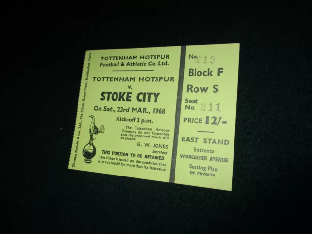 Tottenham Hotspur / Spurs v Stoke City, Ticket Stub 1967/68 - Sat 23rd Mar 1968