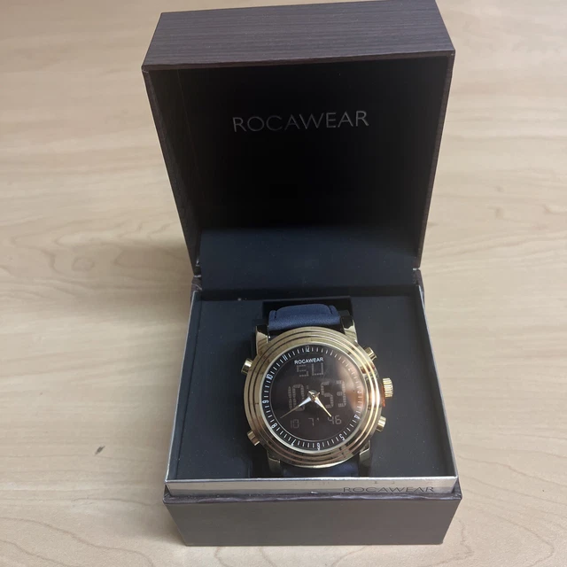 ROCAWEAR MENS DIGITAL Analogue Wrist Watch Gold Color Navy Strap