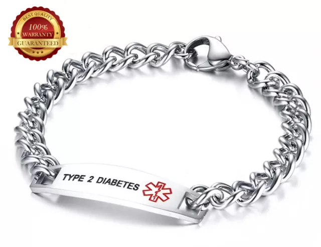 Type 2 Diabetes Stainless Steel Health Bracelet Medical Alert ID Engraved Chain