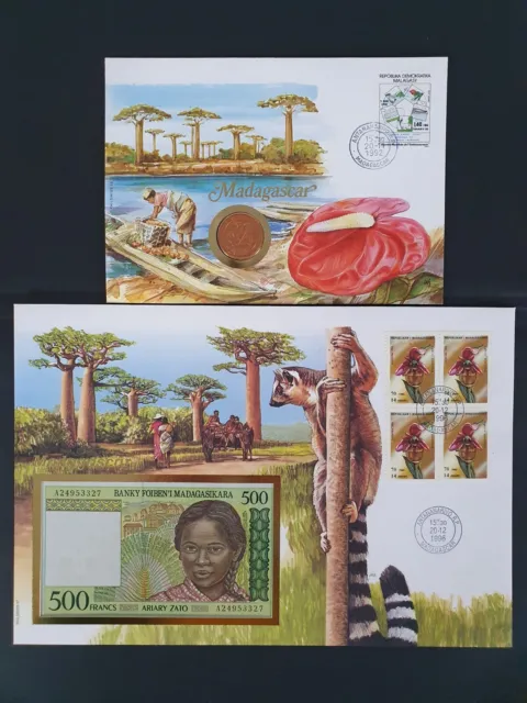 Banknotenbrief Numisbrief Madagaskar 500 Francs unc. 1994 Kassenfrisch Münze Set