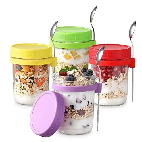 4 Pack Overnight Oats Containers with Lids and Spoons, 16 oz Glass M...