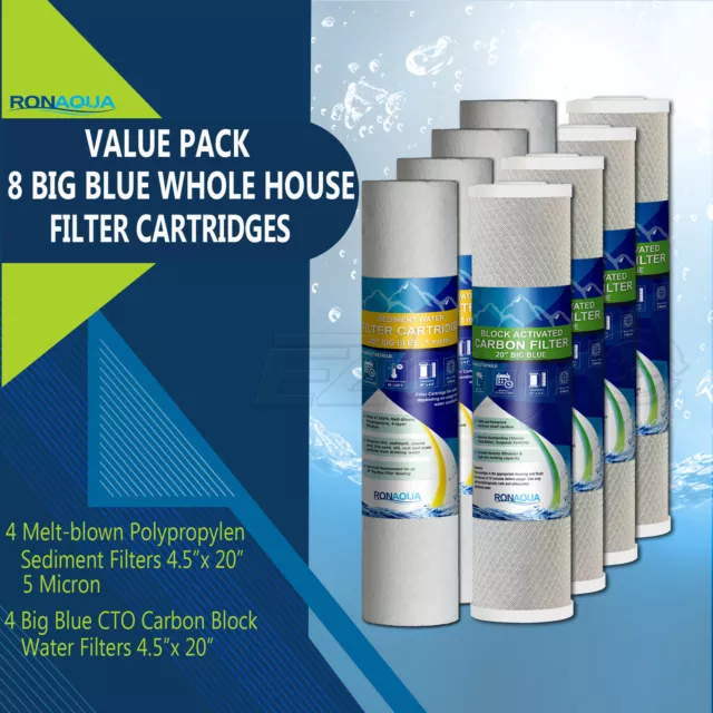 Big Blue 4 CTO Carbon Block & 4 Sediment Water Filters 4.5" x 20" Cartridges Set