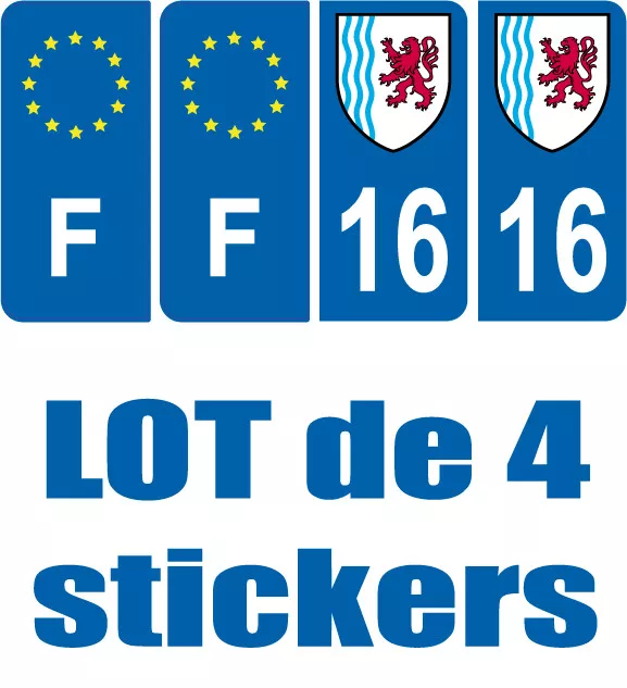 4 Stickers Logo Region + F Plaque Immatriculation Blason 16 Nouvelle Aquitaine