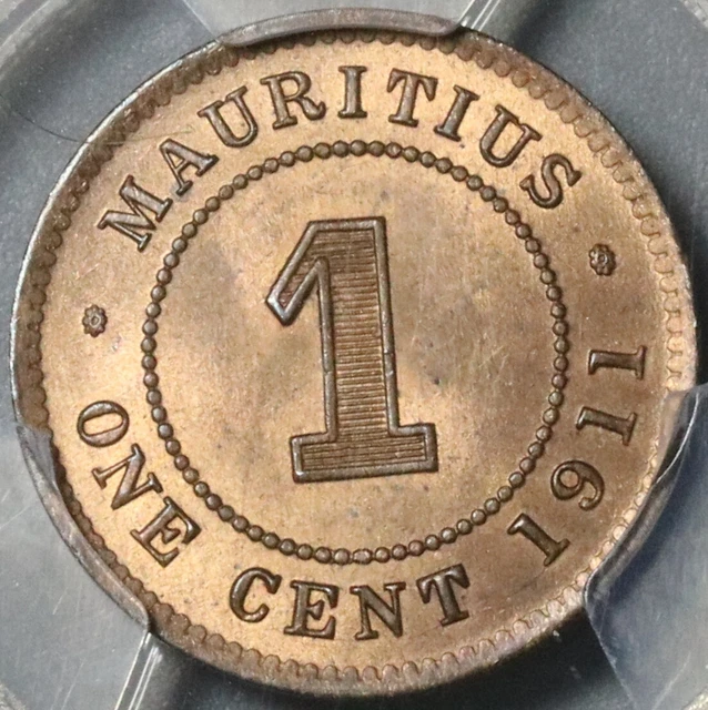 1911 PCGS MS65+ Mauritius 1 Cent George V Gem RB Coin POP 1/0 (21090306C)