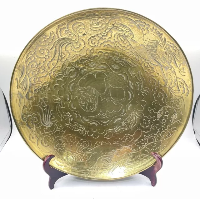 HEAVY BRASS BOWL Chinese Large Plate 14in Wide Vintage with Stand Rare