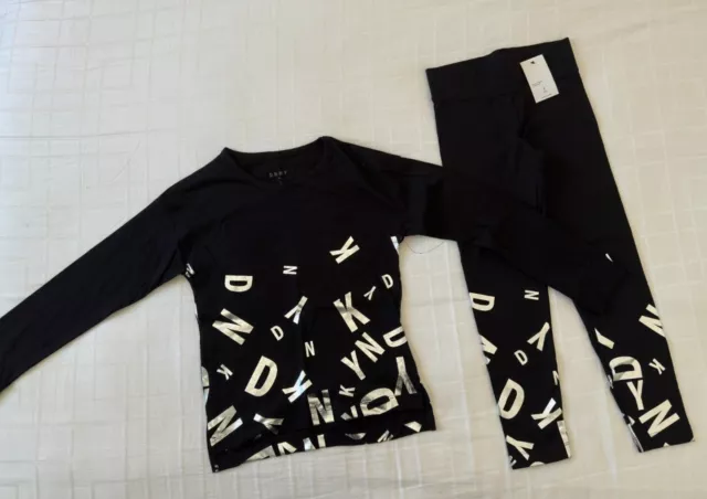 DKNY Girls 2 piece set Long Sleeve Tee and Black Leggings Size S (7) NWT