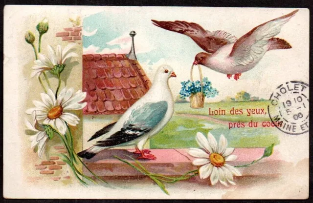 CPA  --  LOIN DES YEUX PRES DU COEUR carte gauffrée circulée en 1906 . 409.F