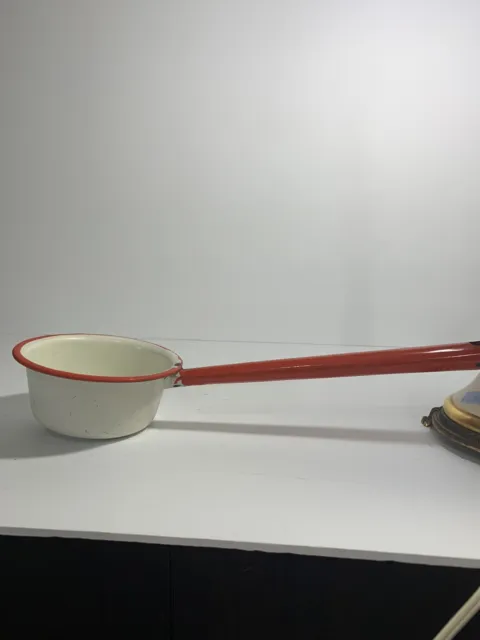 Vintage Porcelain Enamelware Water Dipper Ladle White With Red  Trim