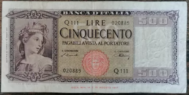 Billet 500 Lire banque Italie - 1947  Banca d'Italia