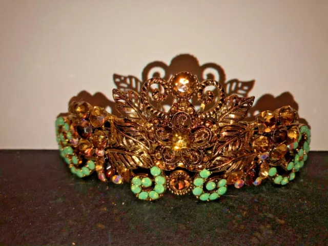 Green/ Clear & Amber Crystal Rhinestone Hair Barrette/Clip Prom/Bridal/Formal