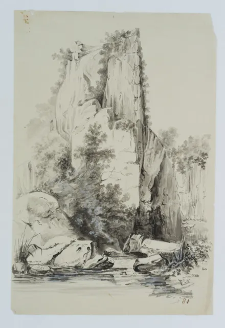 K. HOOG (19.Jhd), Felsen am Fluss,  1841, Pinselzeichnung Romantik Landschaft 2