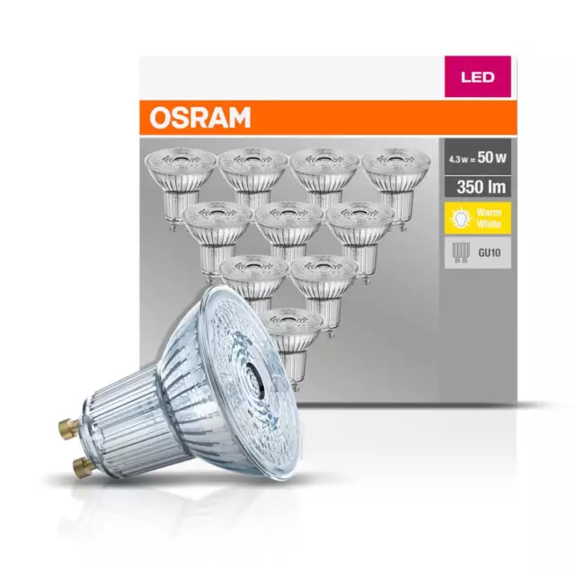 Osram 10er Pack LED BASE PAR16 4,3W = 50W GU10 Strahler 350lm 36° 2700K Warmweiß