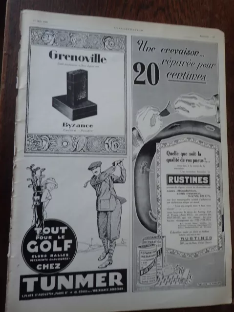 RUSTINES + GRENOVILLE poudre BYSANCE + TUNMER golf publicité ILLUSTRATION 1926