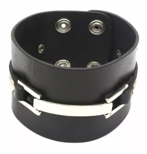 Black Leather Snap Button Bracelet with Metal Belt Strap Design