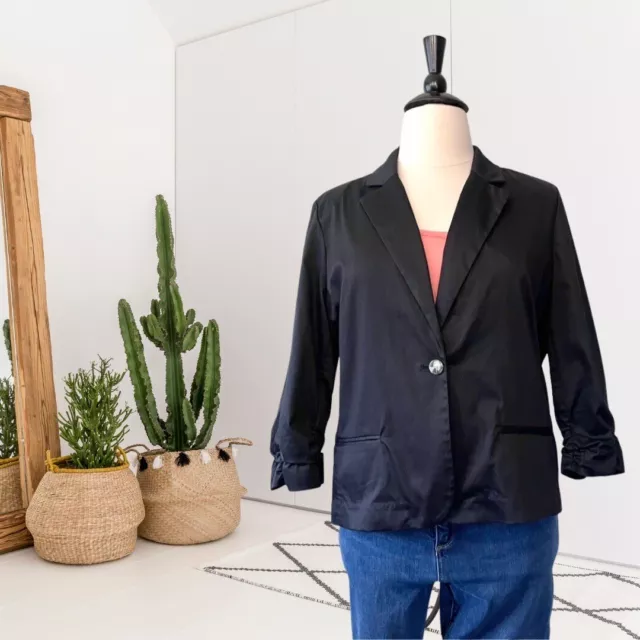 CHICO'S Women's 3 = XL Single Button Close Ruched Sleeve Blazer Jacket Black